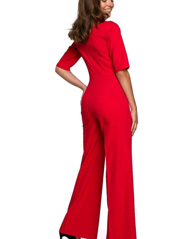 Chic V-Neck Wide-Leg Jumpsuit with Fashionable Tie Detail