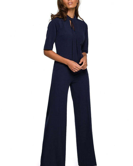 Chic V-Neck Wide-Leg Jumpsuit with Fashionable Tie Detail