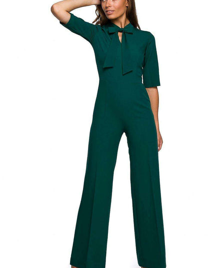 Chic V-Neck Wide-Leg Jumpsuit with Fashionable Tie Detail