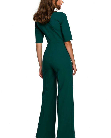 Chic V-Neck Wide-Leg Jumpsuit with Fashionable Tie Detail