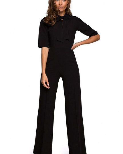Chic V-Neck Wide-Leg Jumpsuit with Fashionable Tie Detail