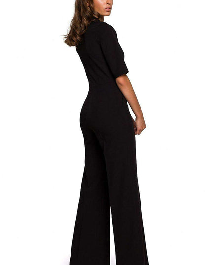 Chic V-Neck Wide-Leg Jumpsuit with Fashionable Tie Detail
