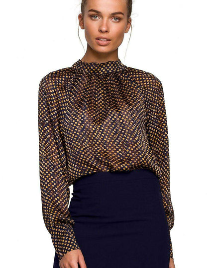 Chic Chiffon Blouse with Striped and Dotted Design and Back Tie