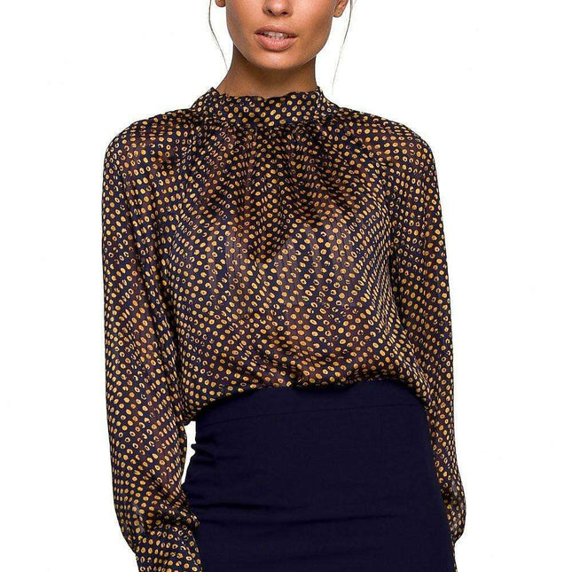Chic Chiffon Blouse with Striped and Dotted Design and Back Tie