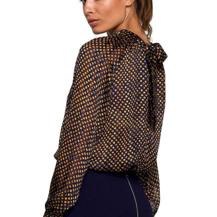 Chic Chiffon Blouse with Striped and Dotted Design and Back Tie