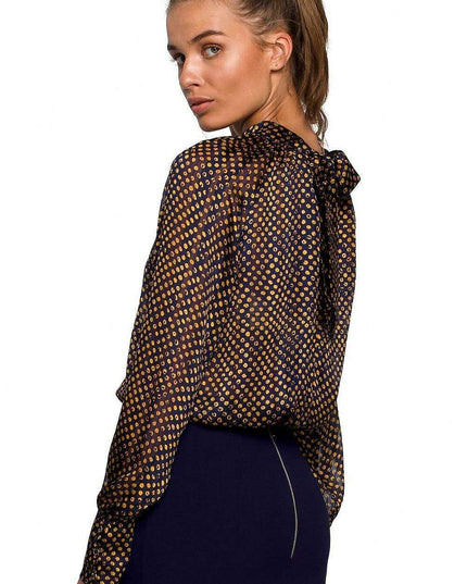 Chic Chiffon Blouse with Striped and Dotted Design and Back Tie