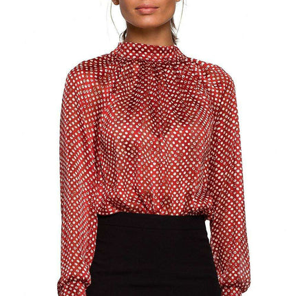 Chic Chiffon Blouse with Striped and Dotted Design and Back Tie