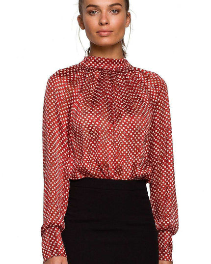 Chic Chiffon Blouse with Striped and Dotted Design and Back Tie