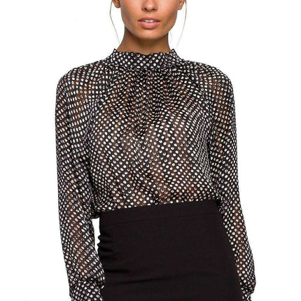 Chic Chiffon Blouse with Striped and Dotted Design and Back Tie