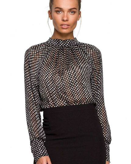 Chic Chiffon Blouse with Striped and Dotted Design and Back Tie