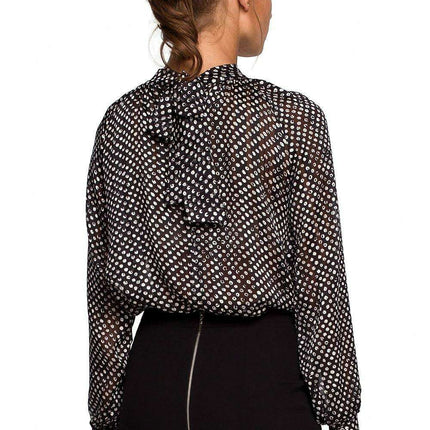 Chic Chiffon Blouse with Striped and Dotted Design and Back Tie