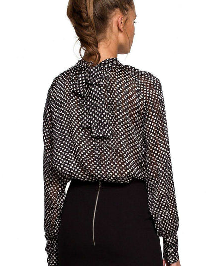 Chic Chiffon Blouse with Striped and Dotted Design and Back Tie