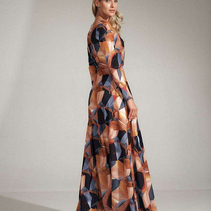 Elegant Flared Dress with Heart Neckline and Geometric Design