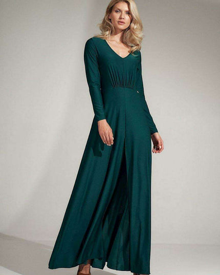 Elegant Black V-Neck Flared Dress with Stylish Slit