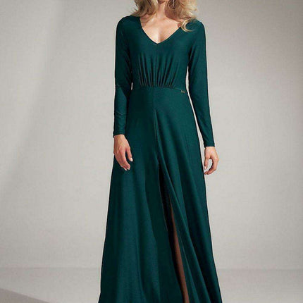 Elegant Black V-Neck Flared Dress with Stylish Slit