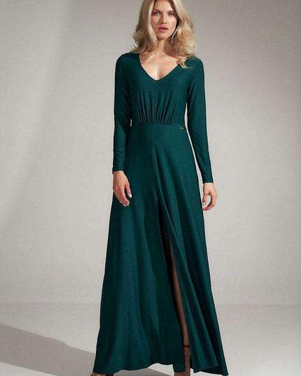 Elegant Black V-Neck Flared Dress with Stylish Slit