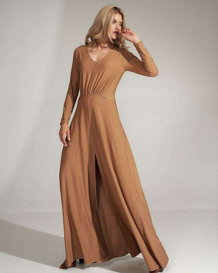 Elegant Black V-Neck Flared Dress with Stylish Slit