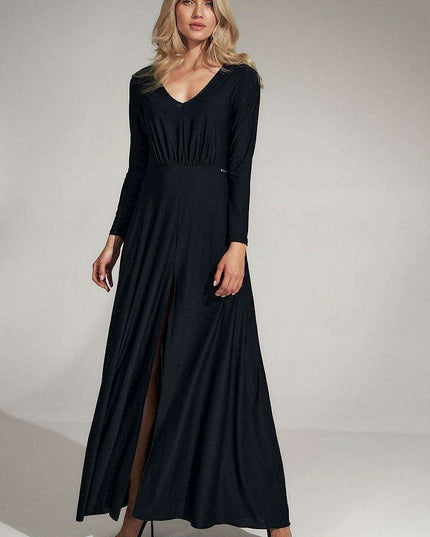 Elegant Black V-Neck Flared Dress with Stylish Slit