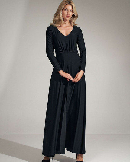 Elegant Black V-Neck Flared Dress with Stylish Slit