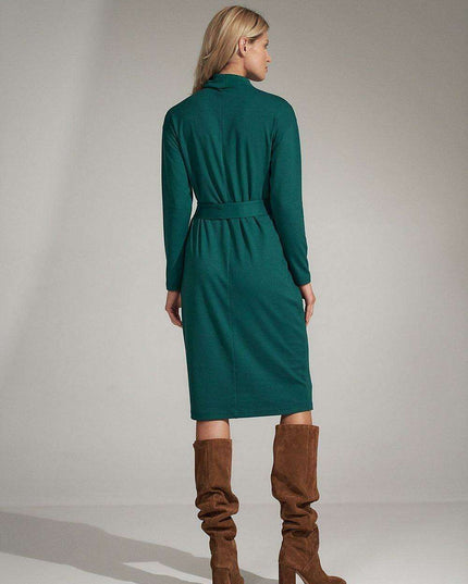 Sophisticated Black Midi Dress with Turtleneck and Flowing Sleeves