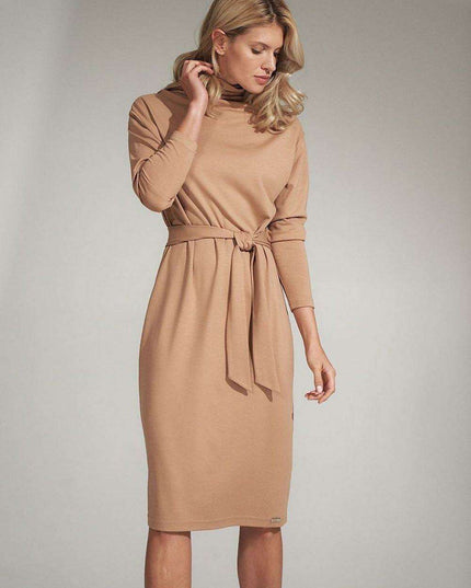 Sophisticated Black Midi Dress with Turtleneck and Flowing Sleeves