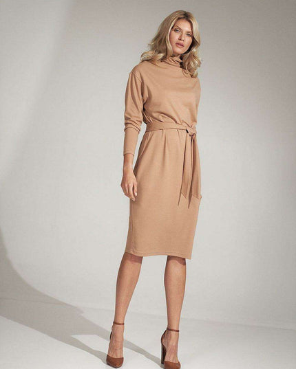 Sophisticated Black Midi Dress with Turtleneck and Flowing Sleeves