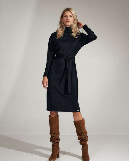Sophisticated Black Midi Dress with Turtleneck and Flowing Sleeves