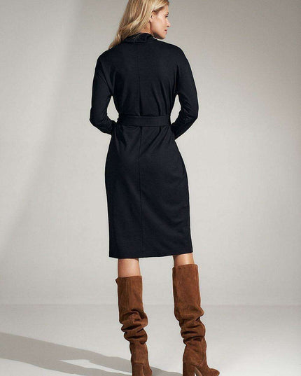Sophisticated Black Midi Dress with Turtleneck and Flowing Sleeves