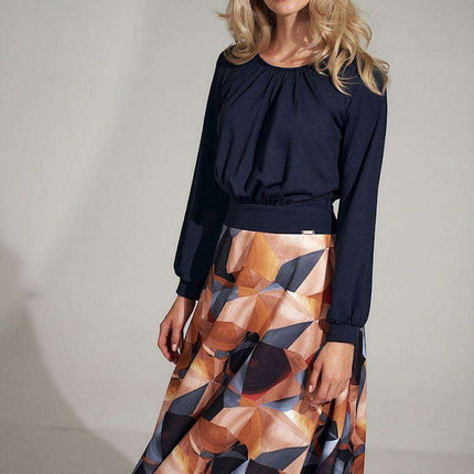 Navy Blue Geometric Flared Midi Dress with Ruffled Details