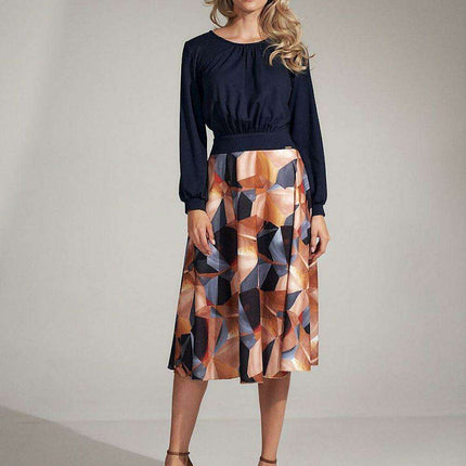 Navy Blue Geometric Flared Midi Dress with Ruffled Details