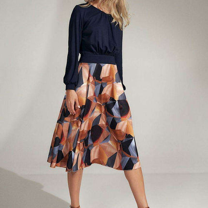 Navy Blue Geometric Flared Midi Dress with Ruffled Details