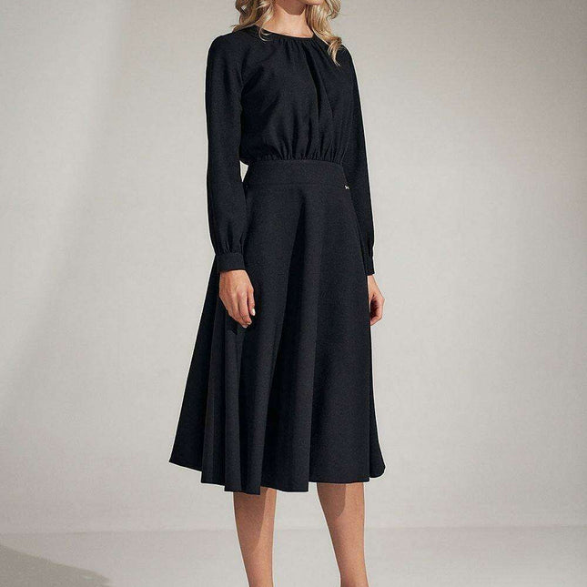 Sophisticated Black Ruffle Sleeve Midi Dress