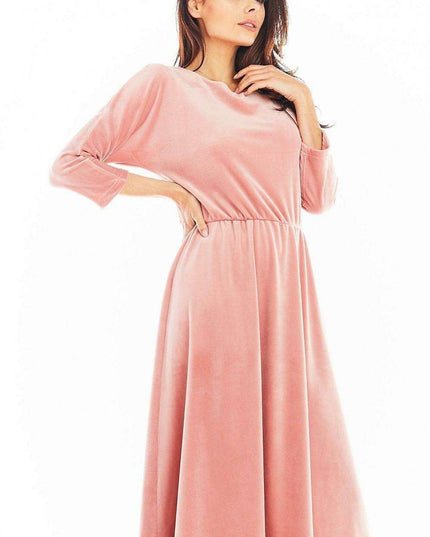 Sophisticated Velour Midi Dress with 3/4 Sleeves