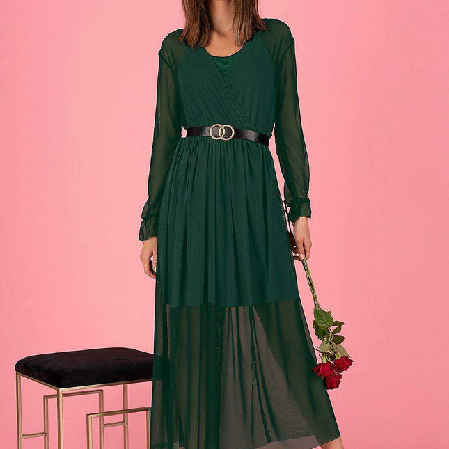 Sophisticated Dark Green Chiffon Evening Dress with Coordinating Belt