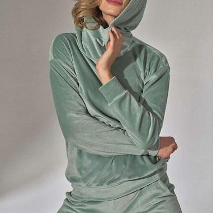 Mint Green Velour Hooded Sweatshirt with High Neck
