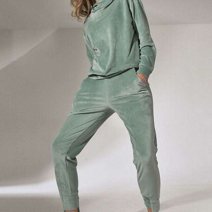 Mint Green Velour Hooded Sweatshirt with High Neck