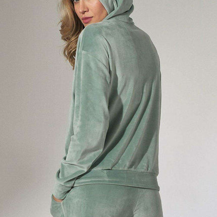 Mint Green Velour Hooded Sweatshirt with High Neck