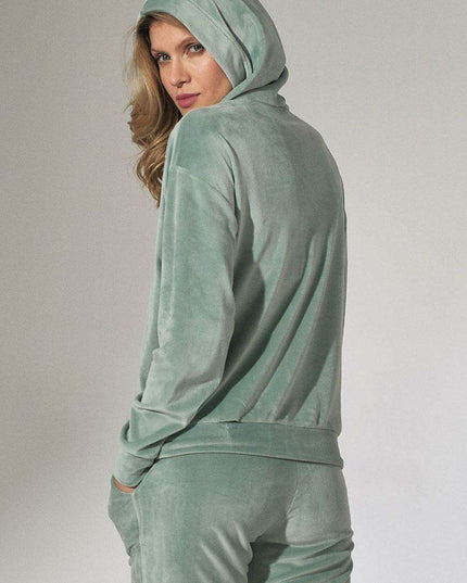 Mint Green Velour Hooded Sweatshirt with High Neck
