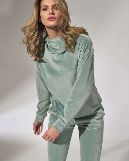 Mint Green Velour Hooded Sweatshirt with High Neck