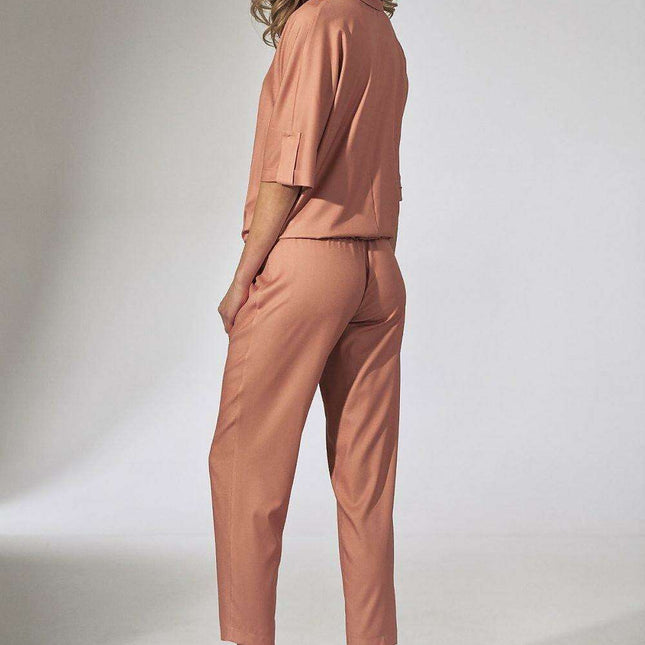 Elegant Beige Tapered Trousers with Stitched Edges and Elastic Waistband