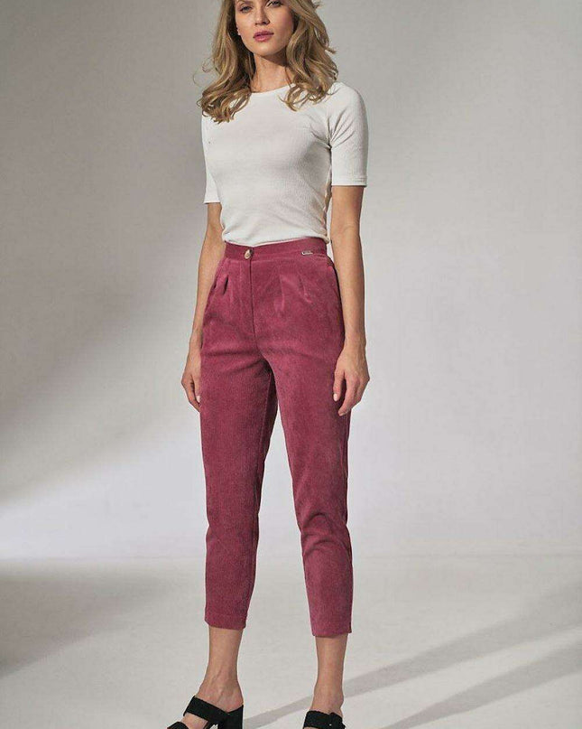 Chic Beige Corduroy Trousers with Elegant Pleats and Tapered Fit