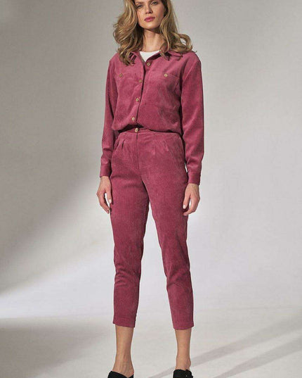 Chic Beige Corduroy Trousers with Elegant Pleats and Tapered Fit