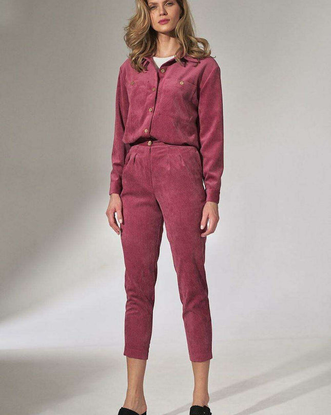 Chic Beige Corduroy Trousers with Elegant Pleats and Tapered Fit