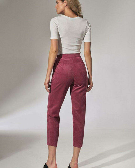 Chic Beige Corduroy Trousers with Elegant Pleats and Tapered Fit
