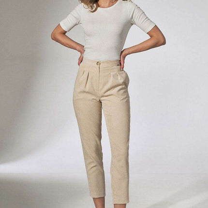 Chic Beige Corduroy Trousers with Elegant Pleats and Tapered Fit
