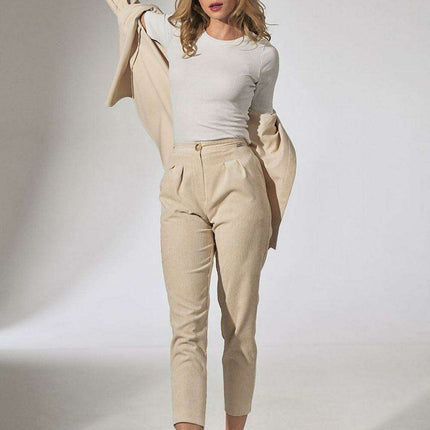 Chic Beige Corduroy Trousers with Elegant Pleats and Tapered Fit