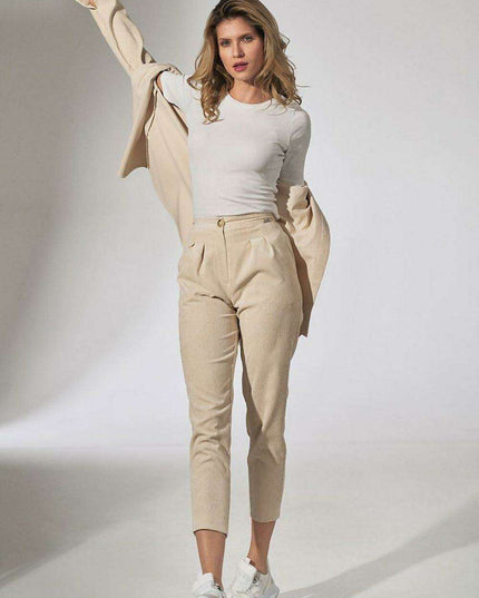Chic Beige Corduroy Trousers with Elegant Pleats and Tapered Fit