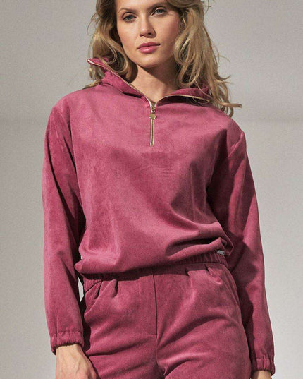 Chic Beige Corduroy Collared Sweatshirt with Trendy Zipper Detail