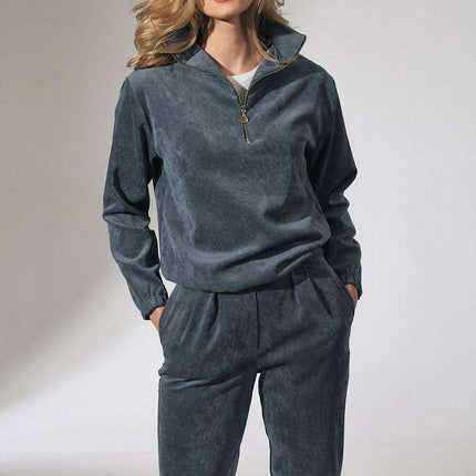 Chic Beige Corduroy Collared Sweatshirt with Trendy Zipper Detail