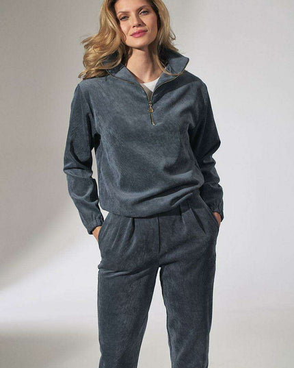 Chic Beige Corduroy Collared Sweatshirt with Trendy Zipper Detail